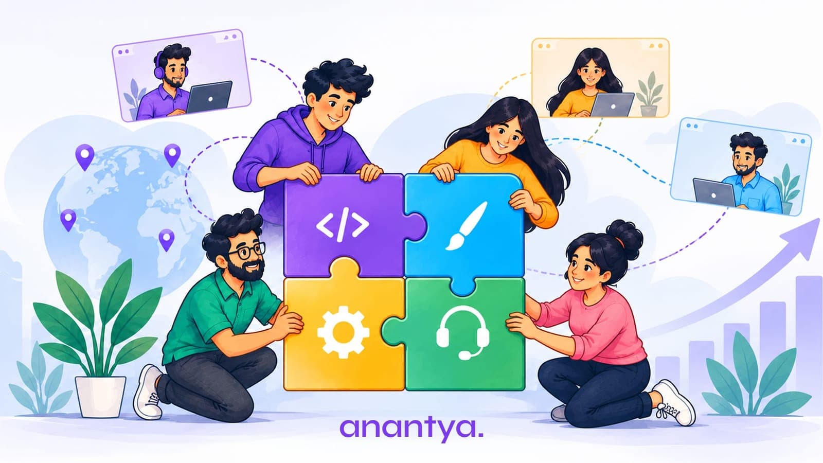 A distributed team assembling puzzle pieces for engineering, design, operations and support