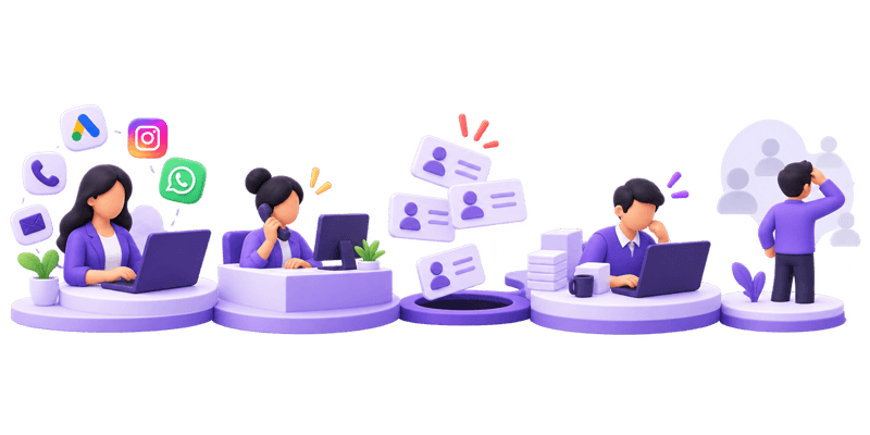 Enquiries from calls, WhatsApp, Instagram and ads piling up while a busy team misses them and contact cards slip through the cracks