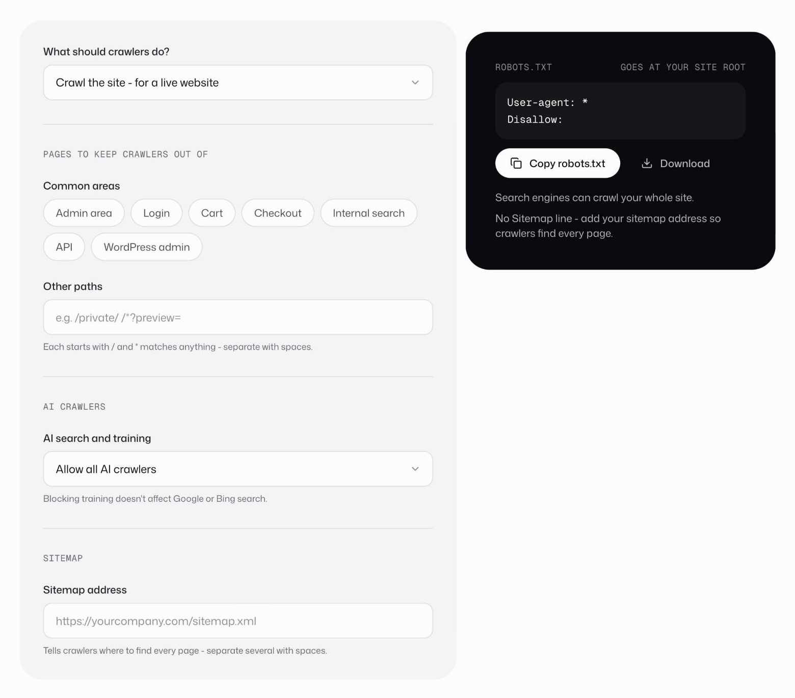 Choosing areas to block, an AI crawler setting and a sitemap address in the Robots.txt Generator, which writes the matching robots.txt ready to copy or download