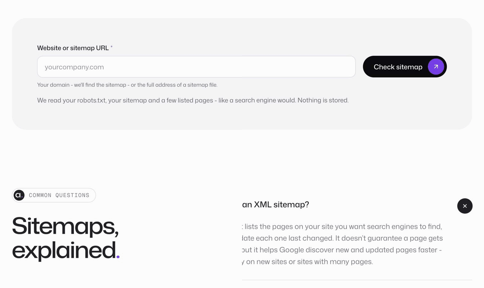 Entering a website in the Sitemap Checker, which finds the sitemap, confirms it loads in the right format, counts its listed URLs and opens sample pages to check they can be indexed